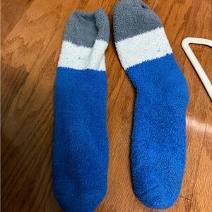 Grey, White, Blue striped fuzzy socks